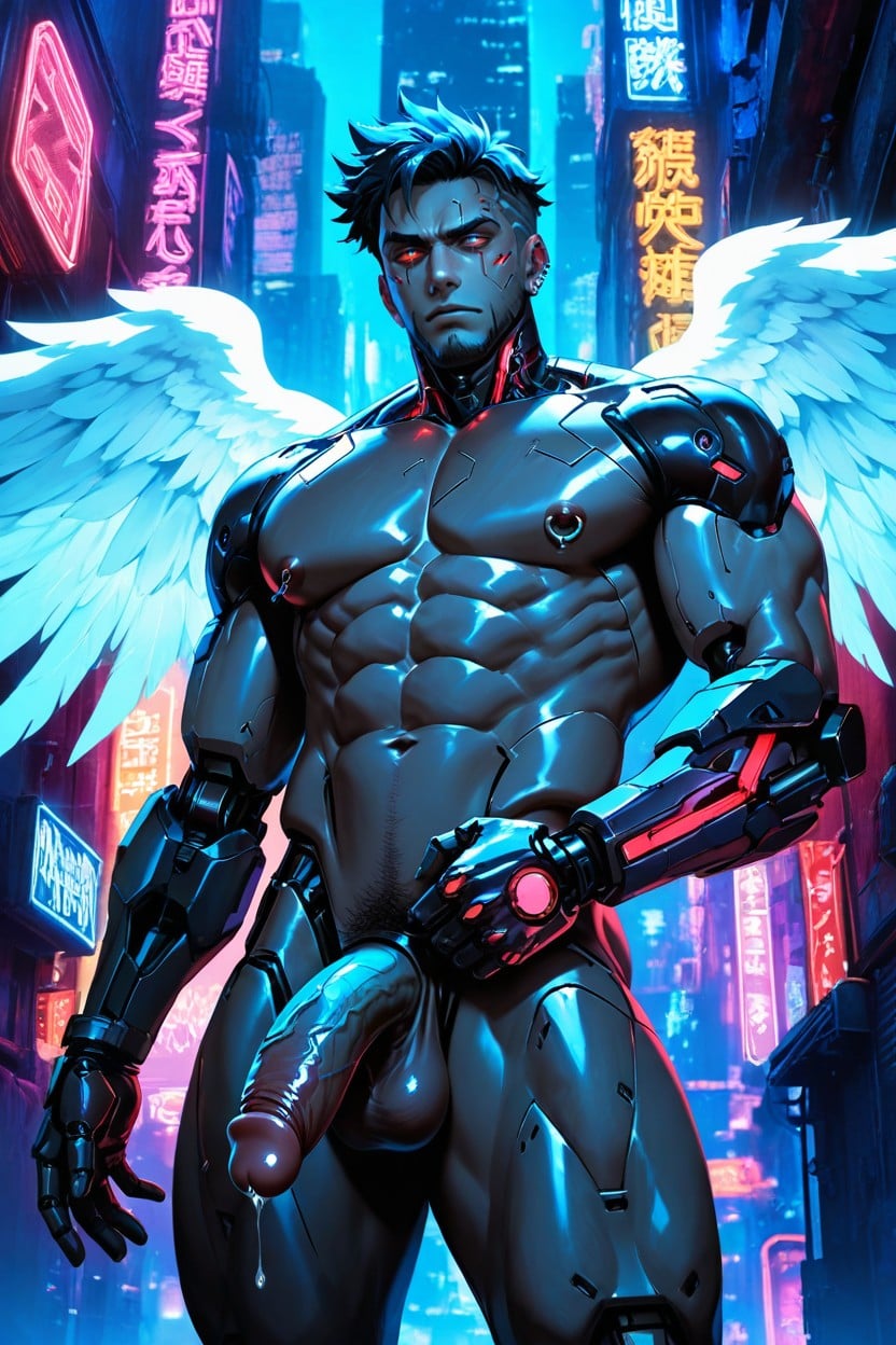Metal Piercings, Hyper Cybernetic Angel Wings, Futuristic City Setting AI Gay Porn