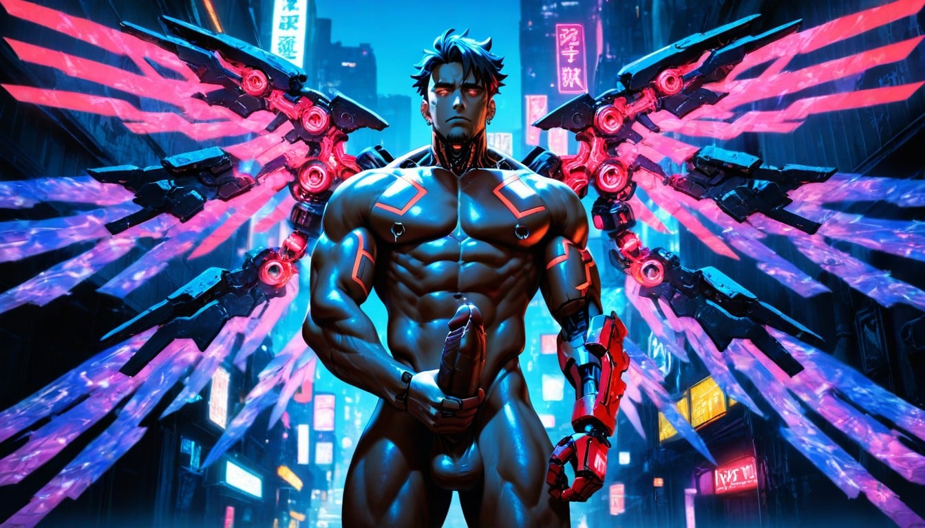 Massive Robotic Wings, Futuristic City Setting, Metal Piercings AI Gay Porn