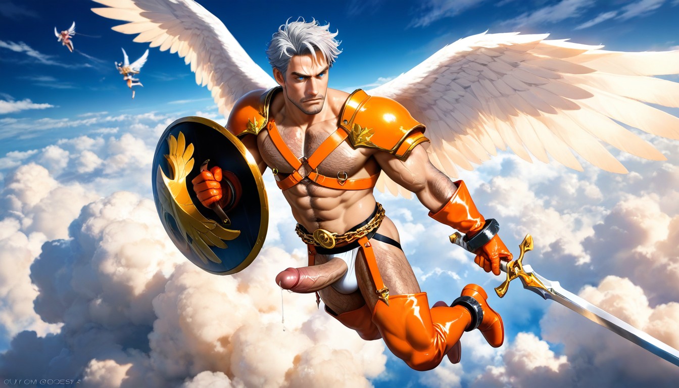 Handsome Face, Strong Erection, Orange Warrior Shoulder Pads AI Gay Porn