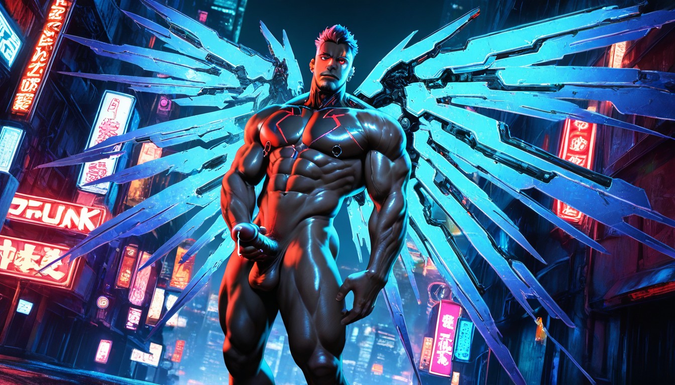 Masturbation, Nipple Rings, Neon Lights Reflecting On The Buildings AI Gay Porn