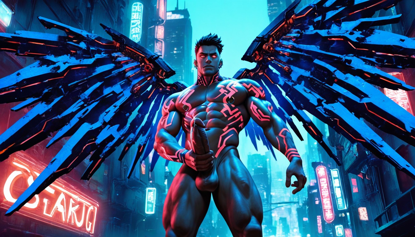 Cyberpunk Style, Shot With A Low Angle, Naked From Waist Down AI Gay Porn