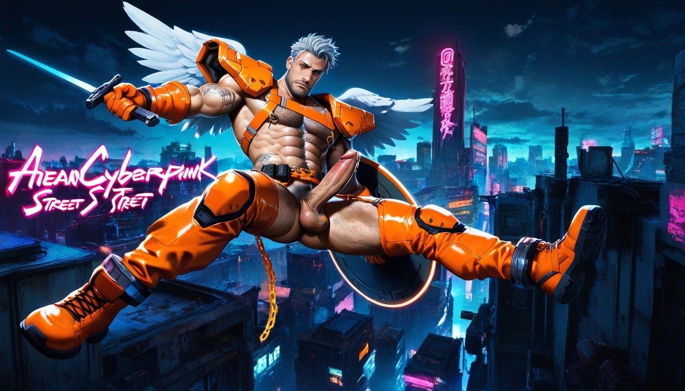 Orange Warrior Thigh High Boots Men, Holding A Shield And Sword, Blue Eyes AI Gay Porn
