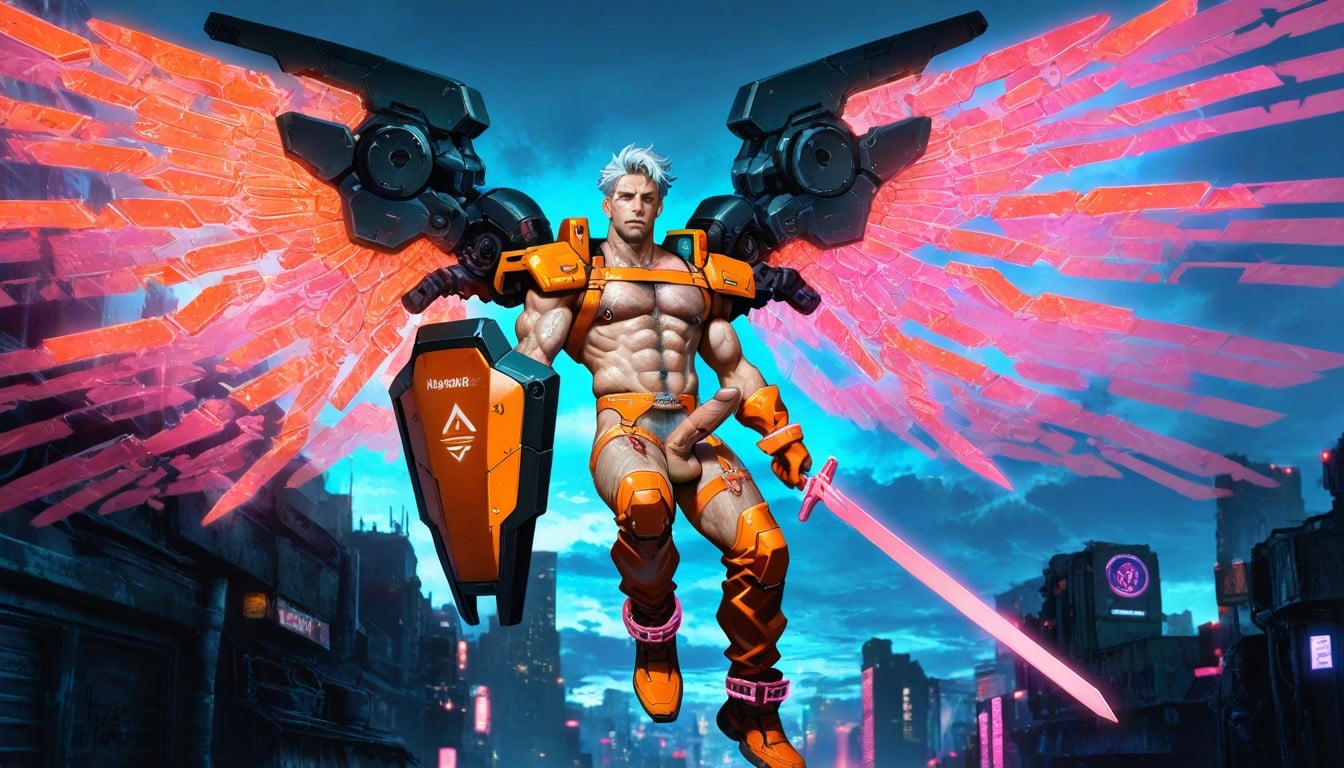 Focused Lighting, Orange Warrior Thigh High Boots Men, Dramatic Shadows AI Gay Porn