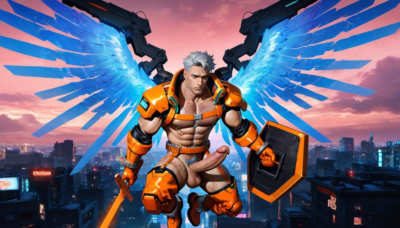 Orange Warrior Thigh High Boots Men, Nipple Rings, Clouds AI Gay Porn