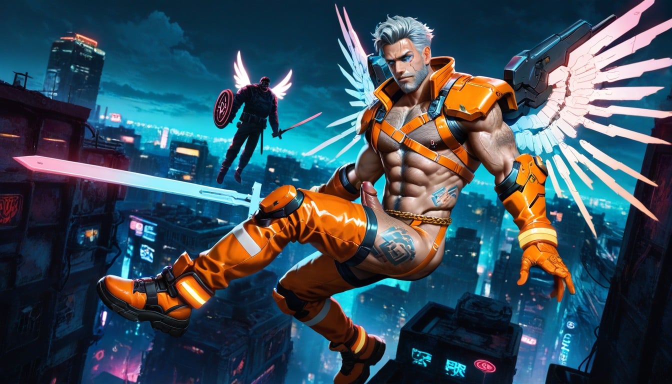 Orange Warrior Gloves, Orange Warrior Shoulder Pads, Cyberpunk Style Porno gay IA