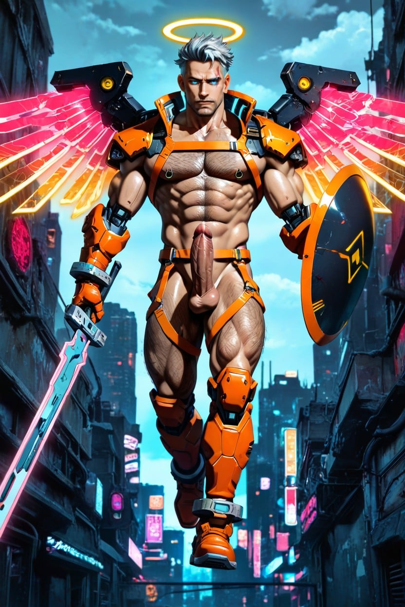 Blue Eyes, Orange Warrior Gloves, Dystopian Atmosphere AI Gay Porn