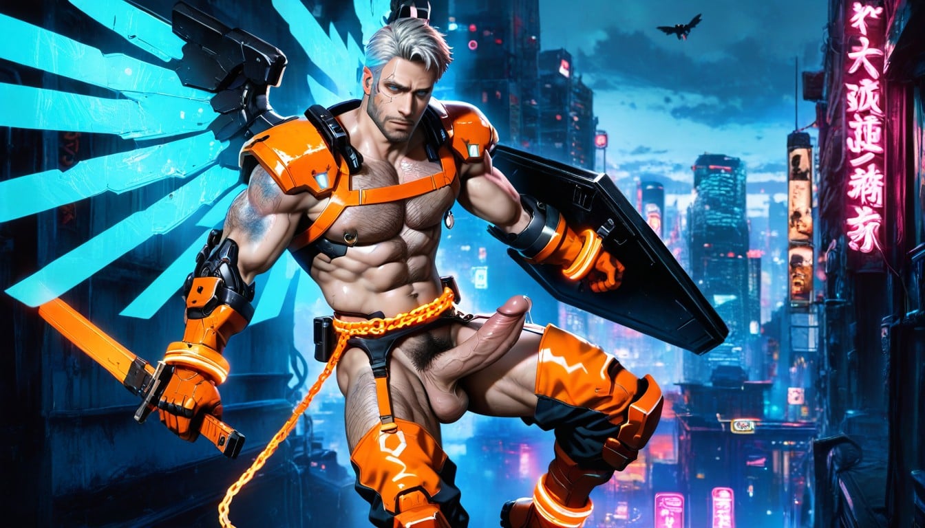 Cyberpunk Style, Urban Cyberpunk Street Background, Handsome Face AI Gay Porn