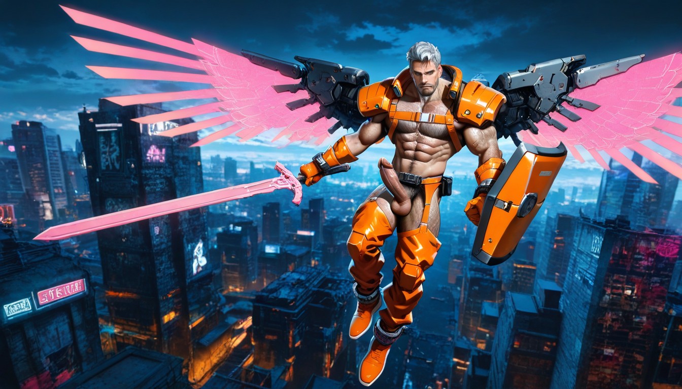 Subject Flying Among Clouds, Cosplaying As Sukuna, Orange Warrior Gloves AI Gay Porn