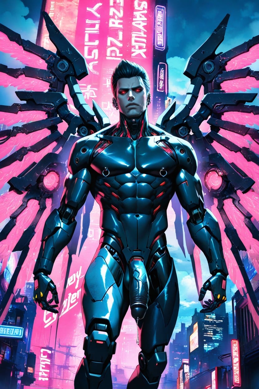 Angel, Nipple Rings, Neon Lights Reflecting On The Buildings AI Gay Porn