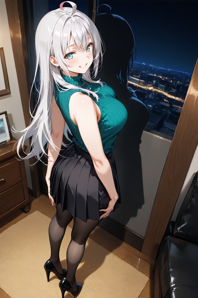 Shot From Above, Tight Sleeveless Turtleneck, Feet Together Hentai AI Porn
