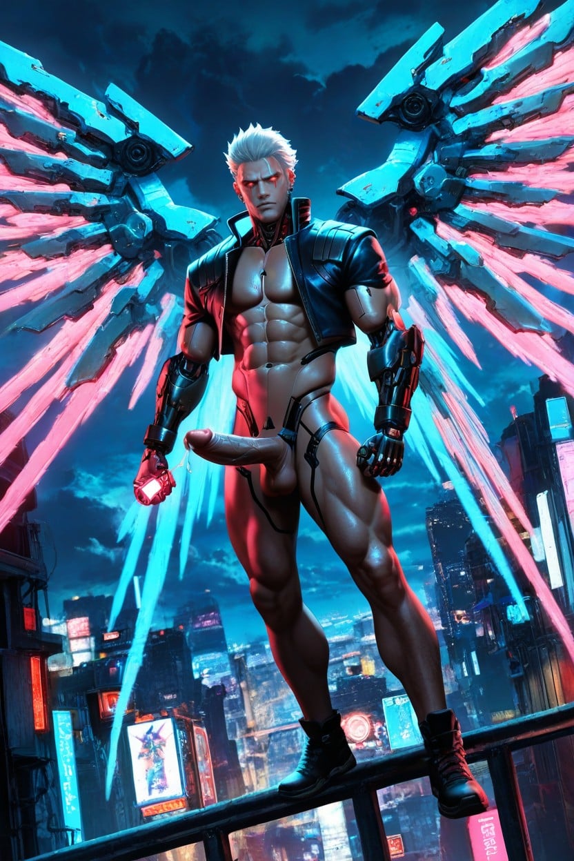 Naked From Waist Down, Urban Cyberpunk Street Background, Action Pose AI Gay Porn