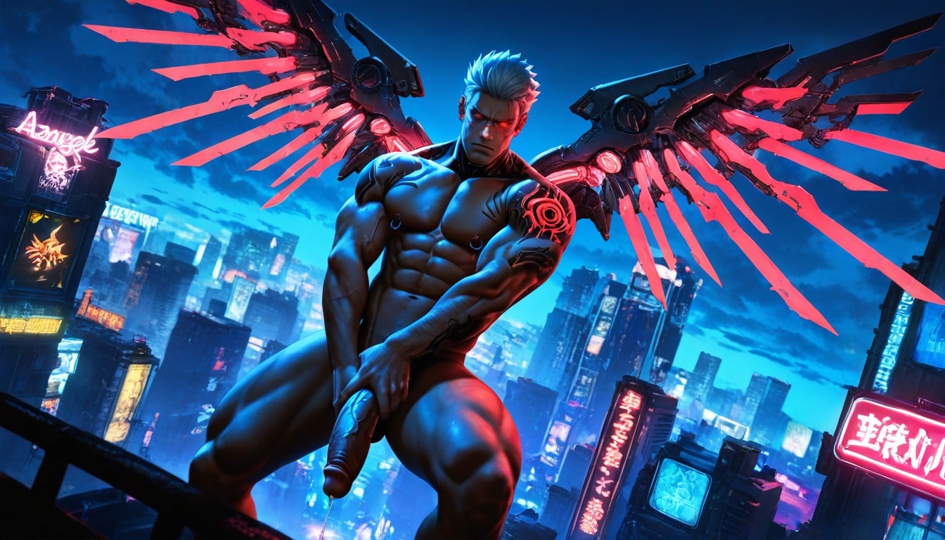 Photorealistic, Blue And Pink Color Grading, Android Wings Bigger Than Body AI Gay Porn