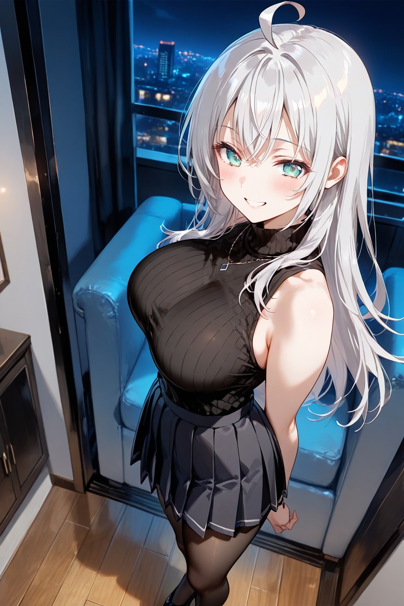 Black Pleated Skirt, Rounded Breast, Side View Hentai AI Porn