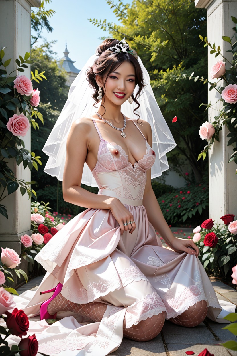 Silver Wedding Tiara, Intricate Embroidery Pattern All Over Veil, Hourglass Body Hentai AI Porn