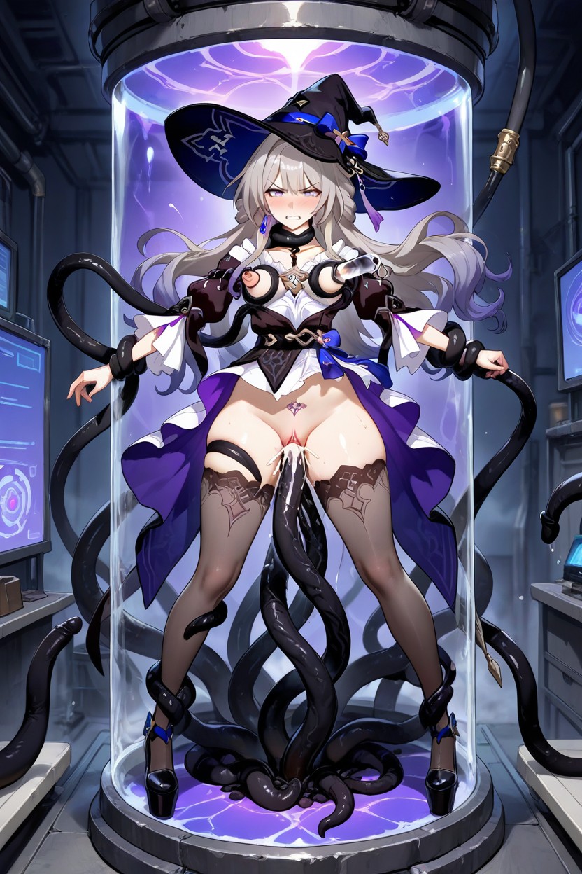 Tentacle Milking Breast, Long Legs, Black Tentacles Grabbing Arms Hentai AI Porn