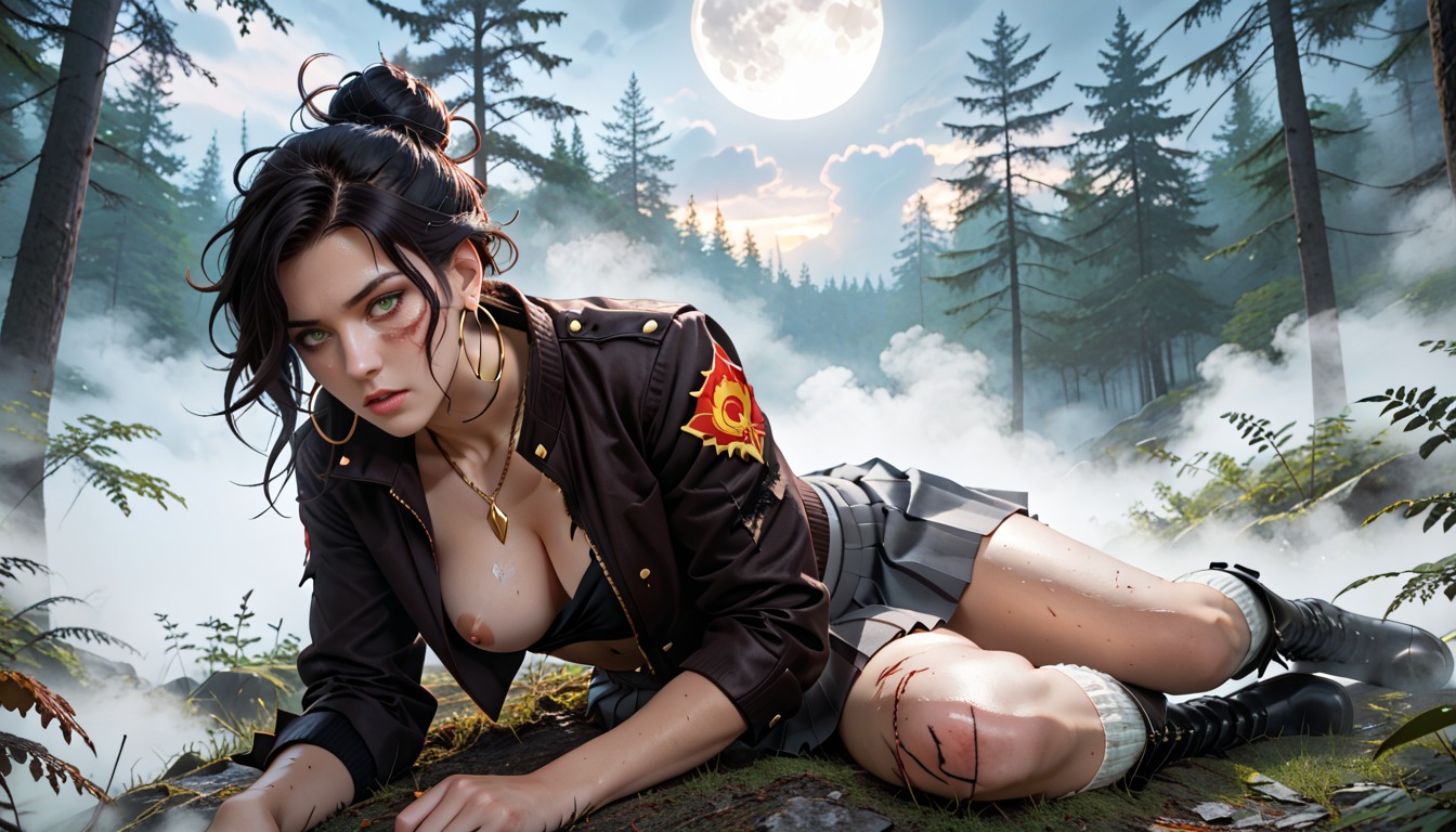 Torn Black Bomber Jacket, Black Boots, Fog AI Porn
