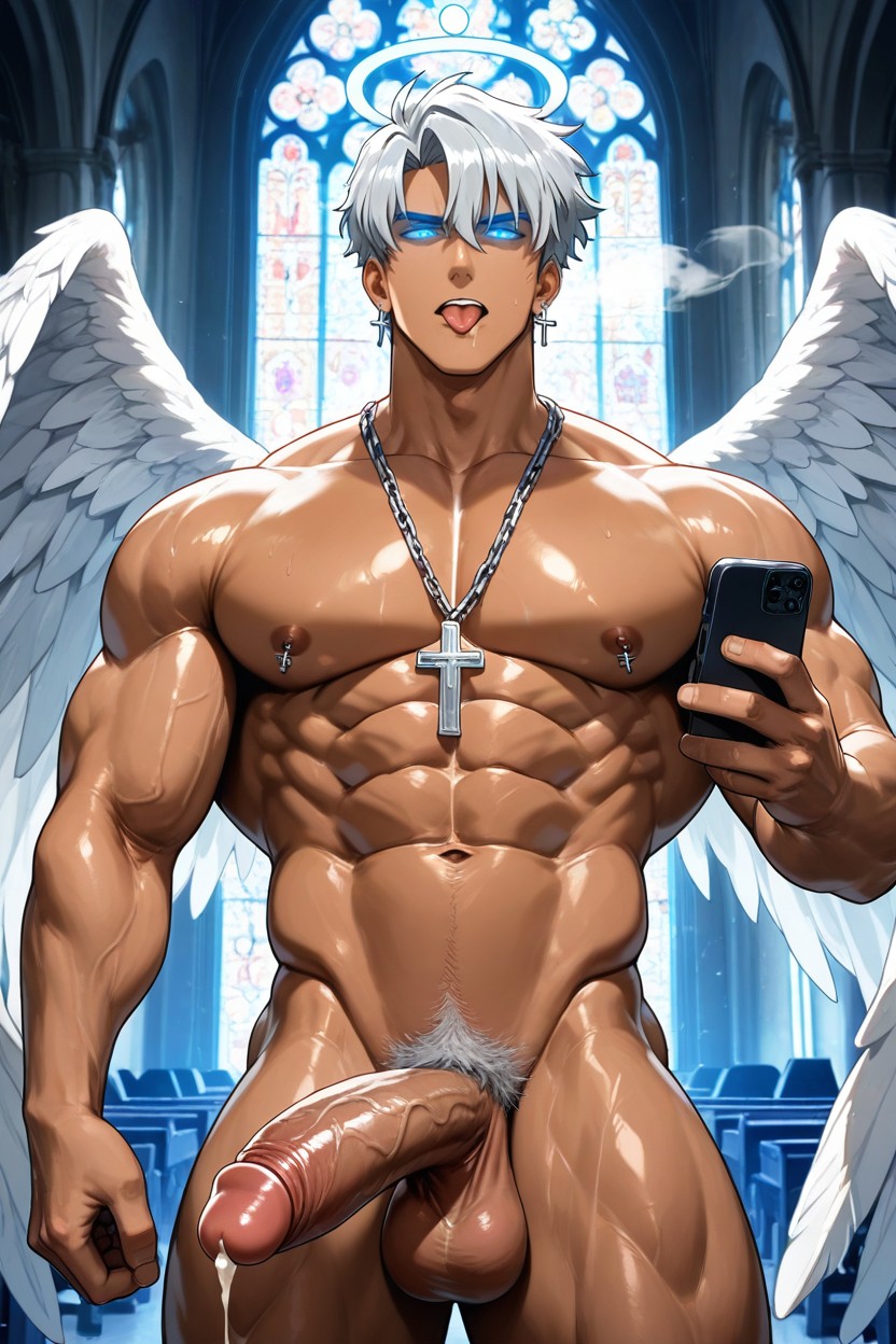 Cross Steel Chain Necklace, Dark Brown Skin, Blue Eyes AI Gay Porn