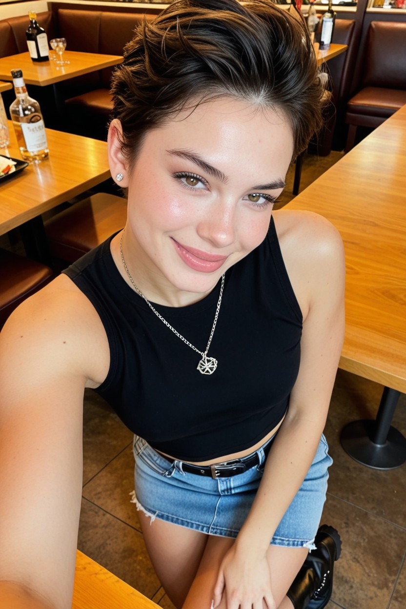 Inside A Restaurant, Denim Skirt With Black Belt, Very Short Hair AI Porn