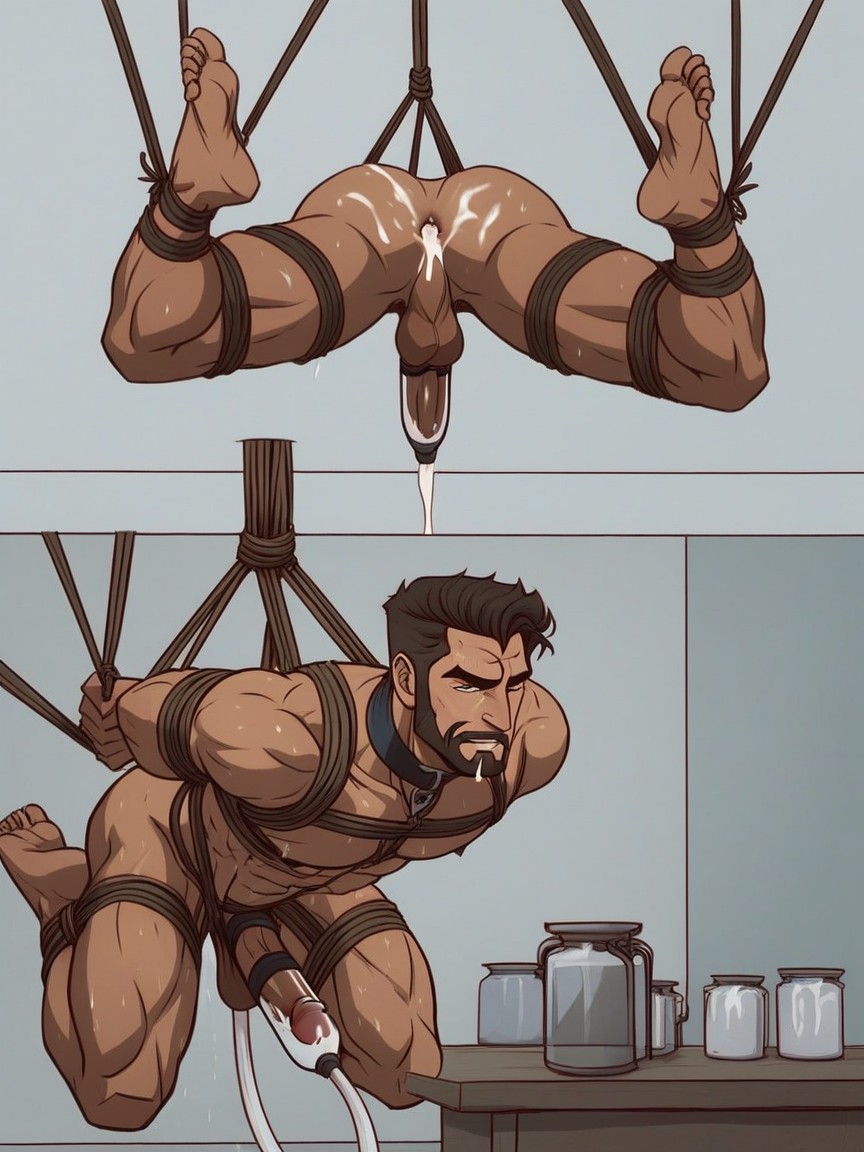 Cum Collected In Jars, Hands And Feet Tied Together, Milking Machine AI Gay Porn