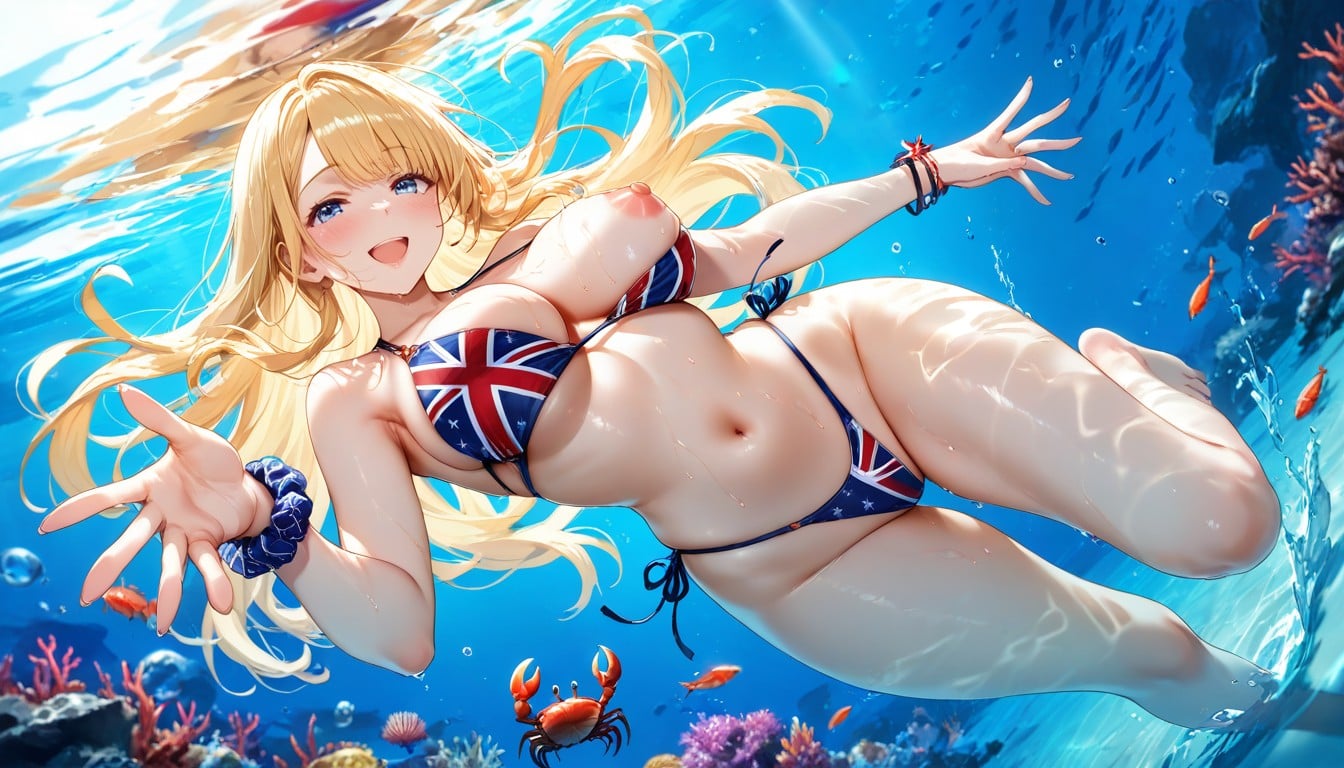 High Waist Thong With Union Jack Pattern, Lens Flare, Blushed Face Hentai AI Porn
