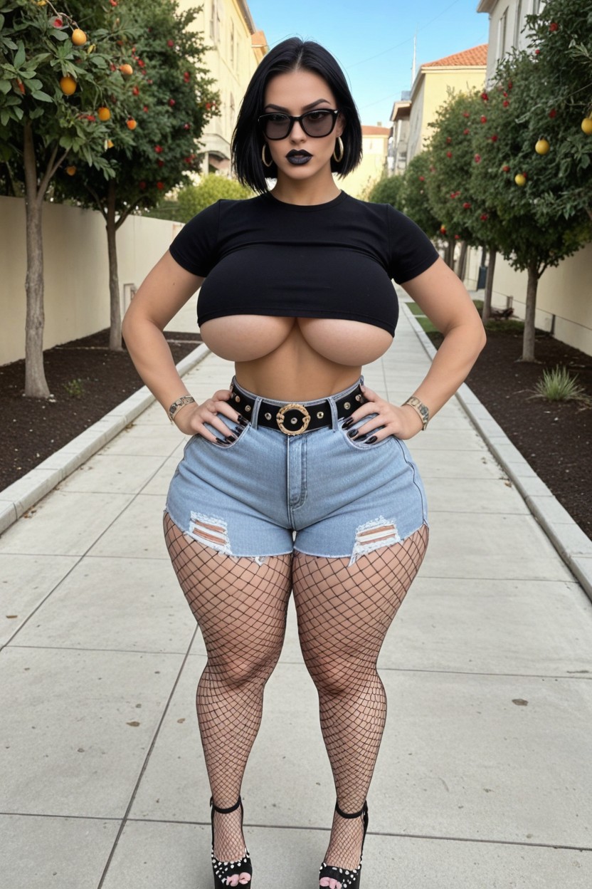 Fishnets, Large Gauge Fishnet Tights, Grey Denim Shorts AI Porn