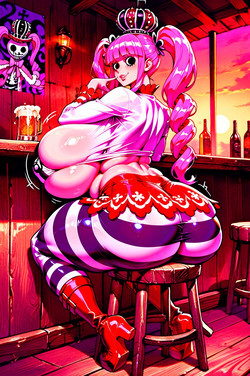 Sitting On Two Wooden Stools, Outside Bar Background, Perfect Accurate Face AI Porn