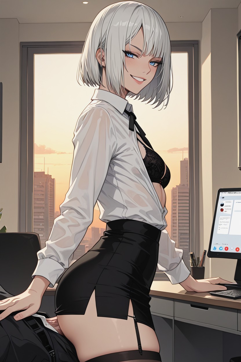 Her Skirt Is Lifted Up, Smug Expression, Bobcut Hentai AI Porn