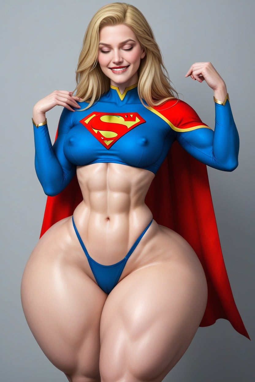 Abs Reaching Crotch, Supergirl Symbol, Blue Tight Top AI Porn