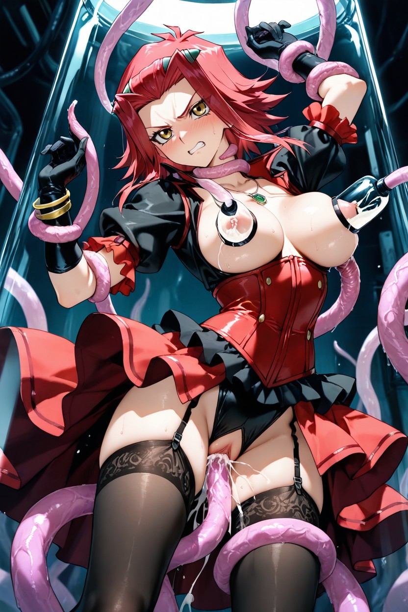Tentacle Milking Breast, Red Skirt With Side Openings And Silver Borders Showing Black And White Inner Fabric, Skirt Hentai AI Porn