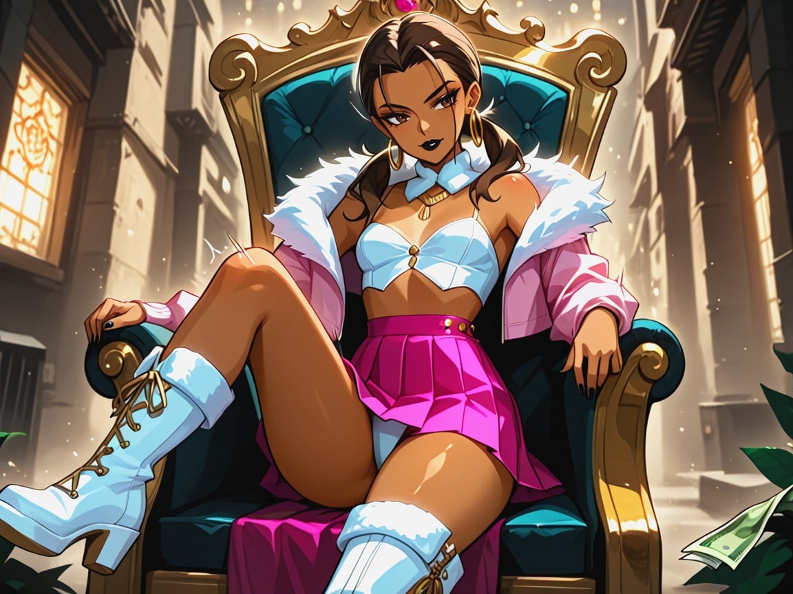 Regal Stance, Pink Pleated Skirt, Sloped Shoulders AI Porn