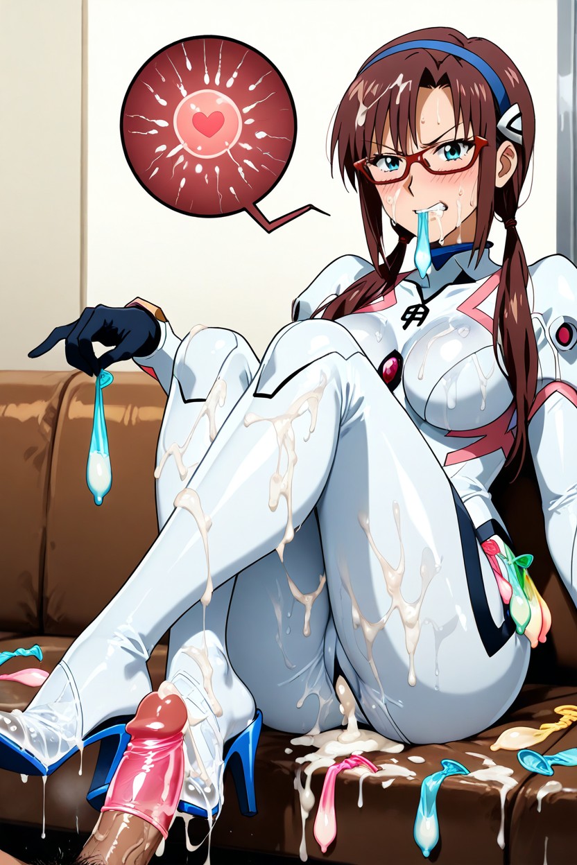 Holding Many Used Condom In Mouth, Drenched In Cum, Medium Breast Hentai AI Porn
