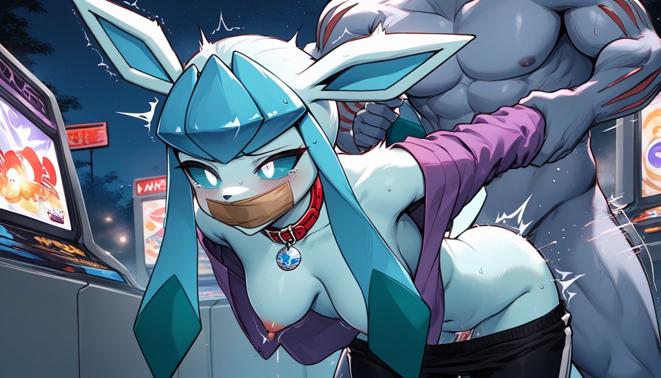 Nipple Exposed, Purple Jacket, Very Sad Furry AI Porn