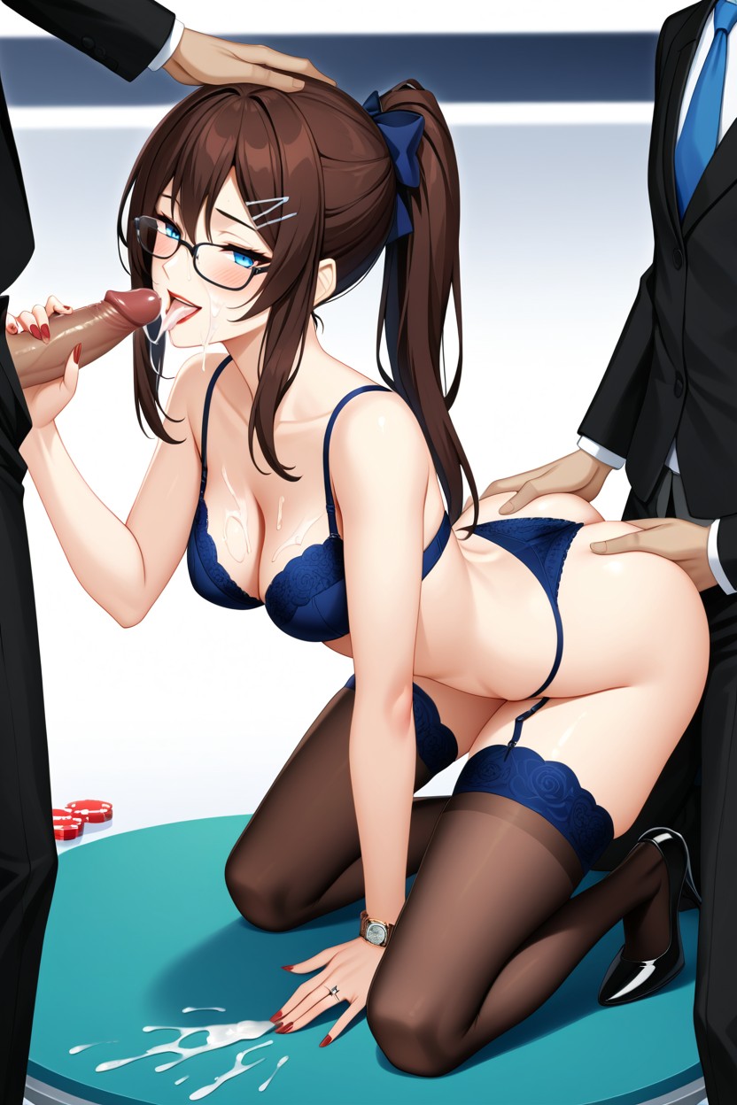 Kneels On Pokertable, Brunette, Glasses AI Porn