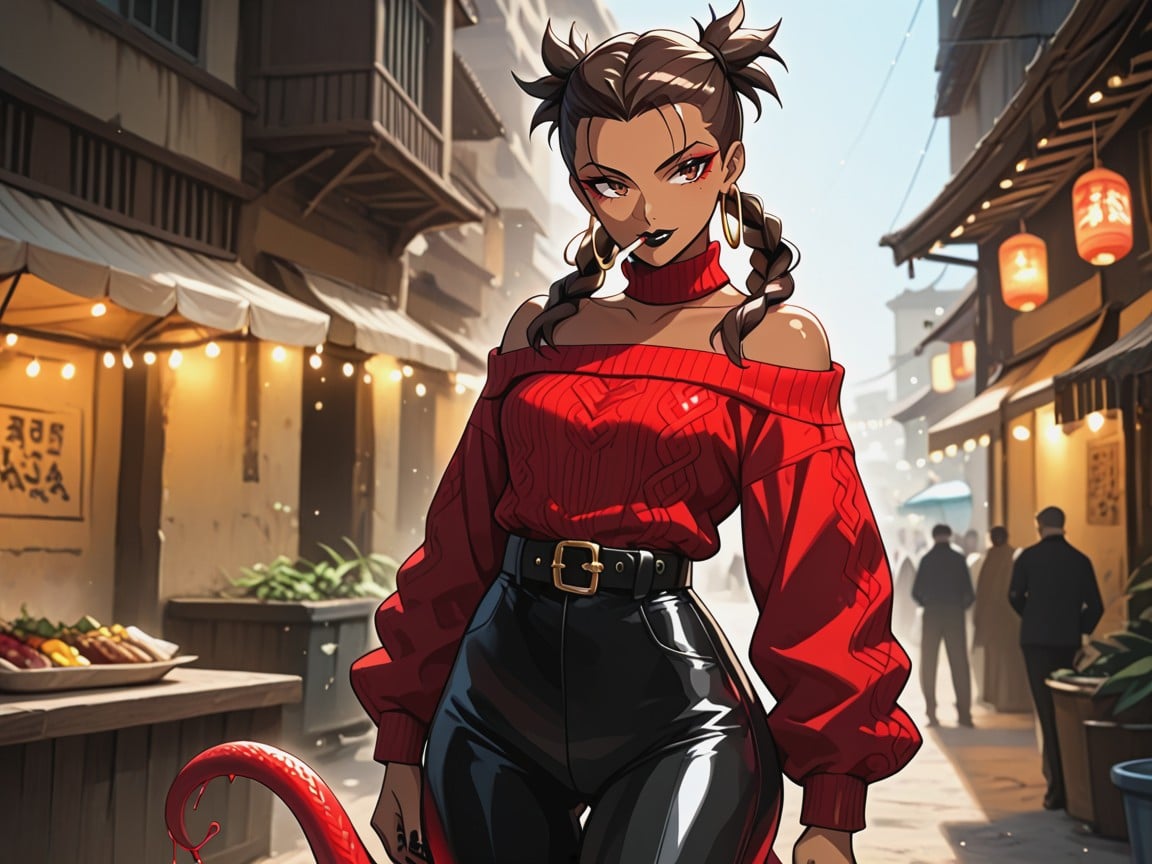1 Person, Red Snake Print Sweater, Wearing Red Snake Print Modern Clothes AI Porn