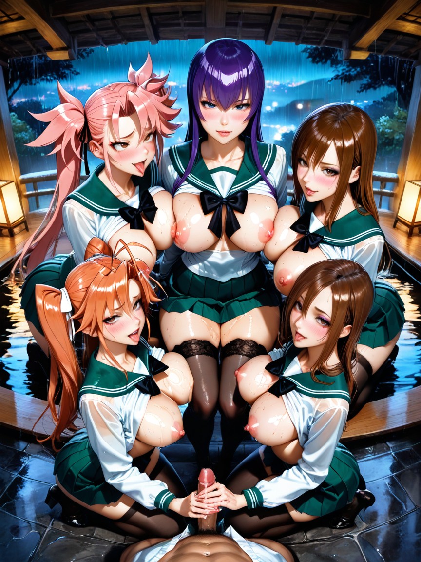 Busujima Saeko Green Sailor Uniform With Long Sleeves, Luxurious Onsen Bath, Ahegao Hentai AI Porn