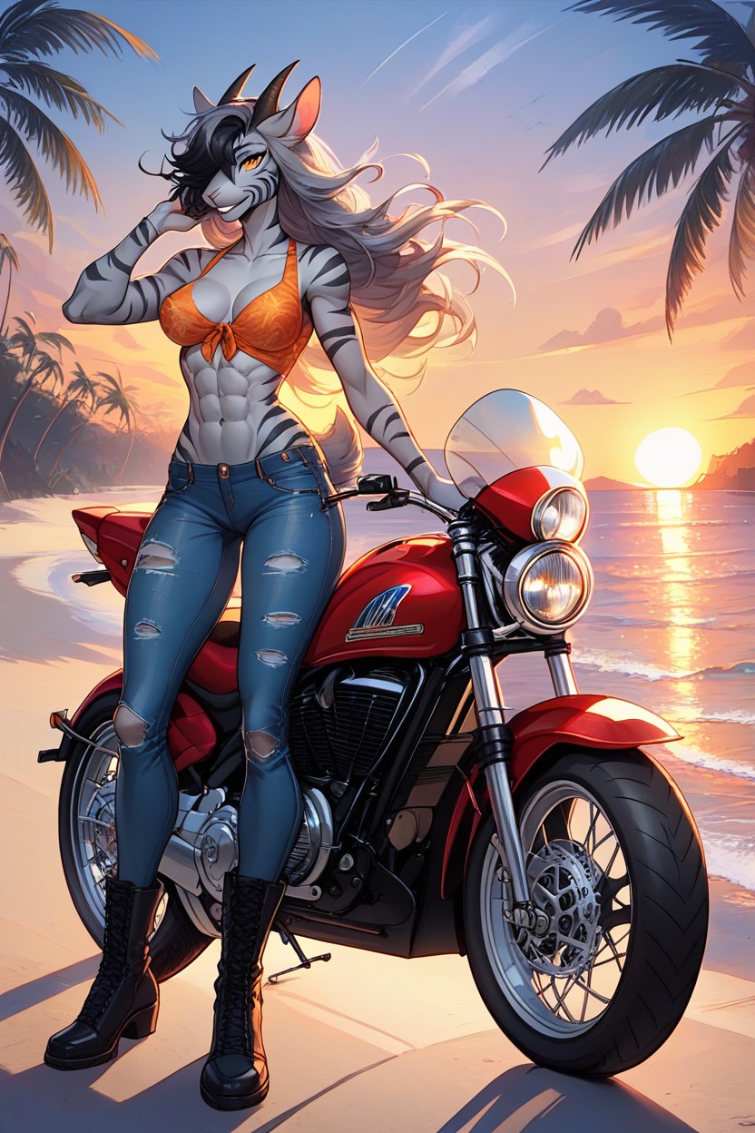 Grey Fur, No Bra, Tropical Beach Furry AI Porn