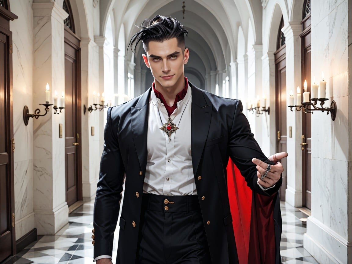 Th Century Style, Amber Eyes, Red Velvet Drapes AI Gay Porn