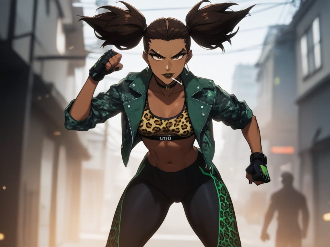 Woman Raising Her Fists Up, Sloped Shoulders, Brown Eyes Hentai AI Porn