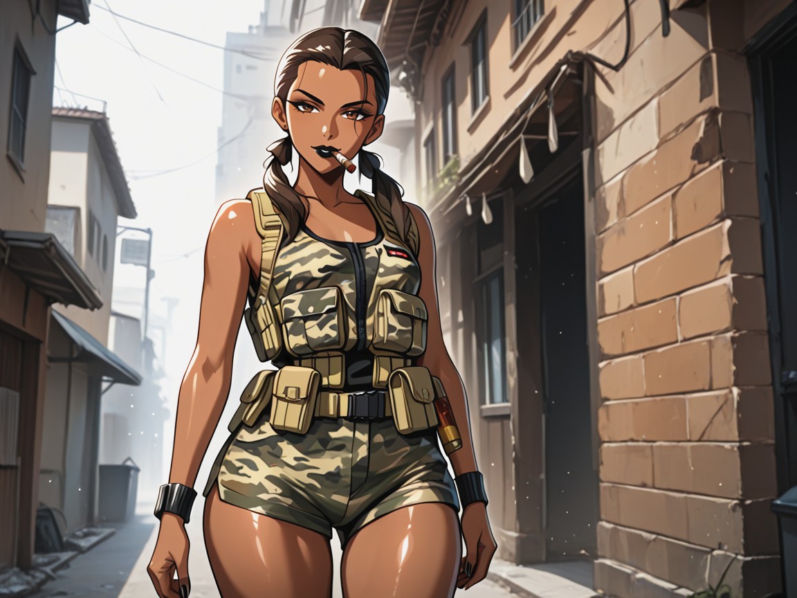 Wearing Camouflage Modern Clothes, Sharp Brown Feline Eyes, Brown Eyes AI Porn