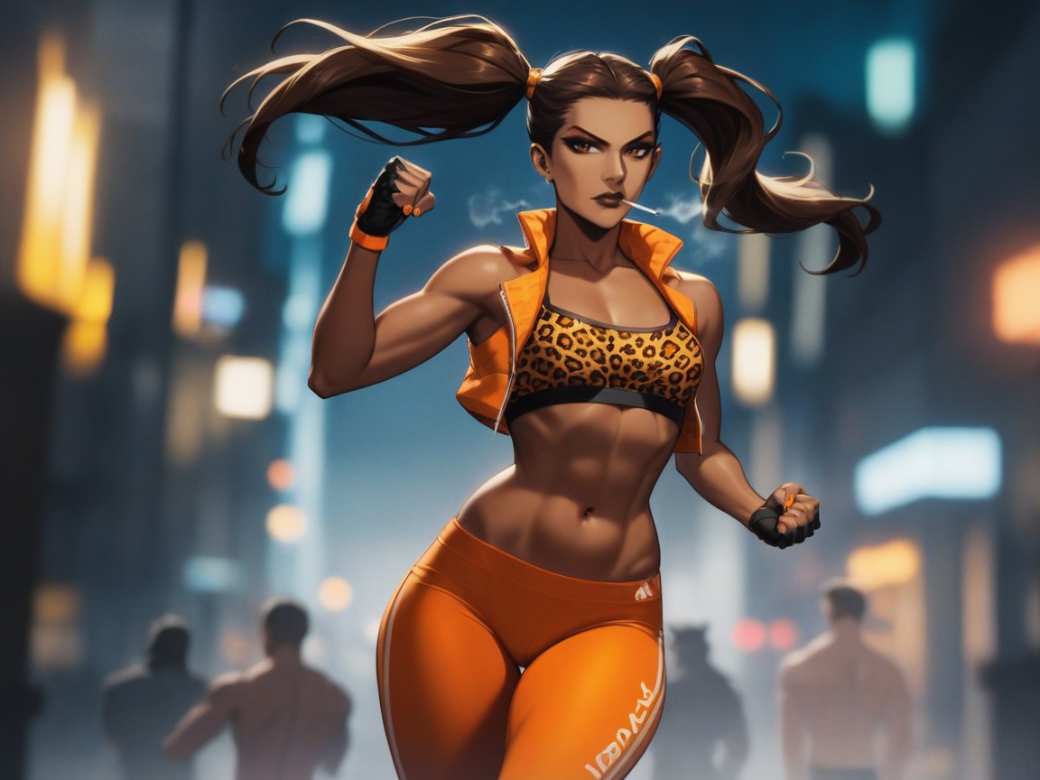 Fighting Stance, Alleyway Location, Dark Brown Lipstick Hentai AI Porn