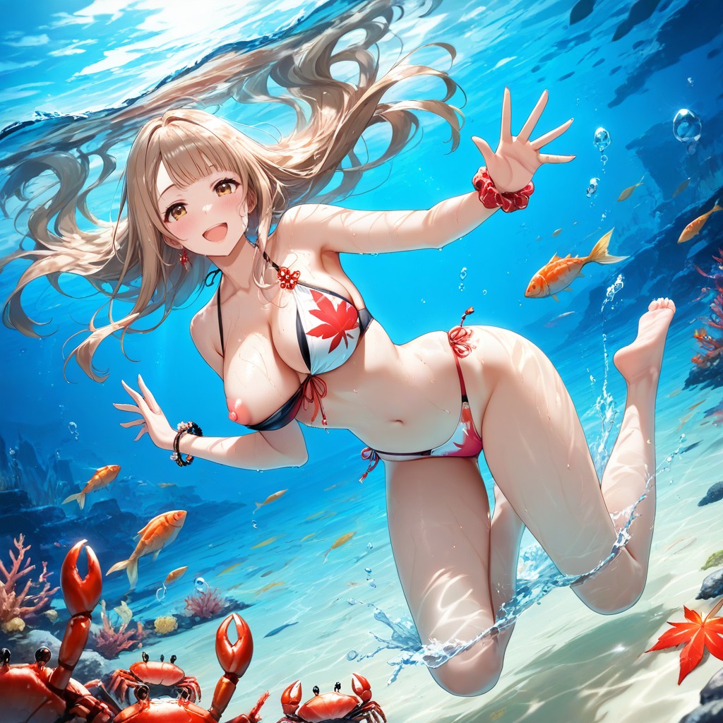 Bare Breasts Exposed, High Waist Thong With Maple Leaf Print, Hard Lighting Hentai AI Porn