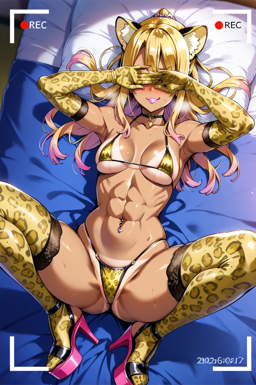 Blue Stripes On Blonde Hair, Camera Apps Frame, Laying Hentai AI Porn