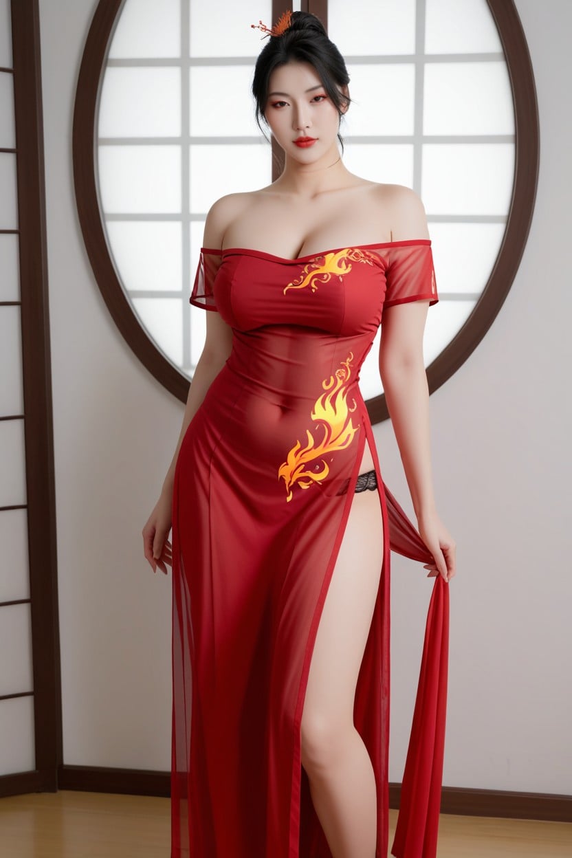 Standing, Flame, Large Breast Asian AI Porn