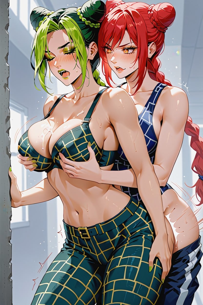 Lesbian, Breast Groping, Makima Groping Jolyne's Breasts Hentai AI Porn