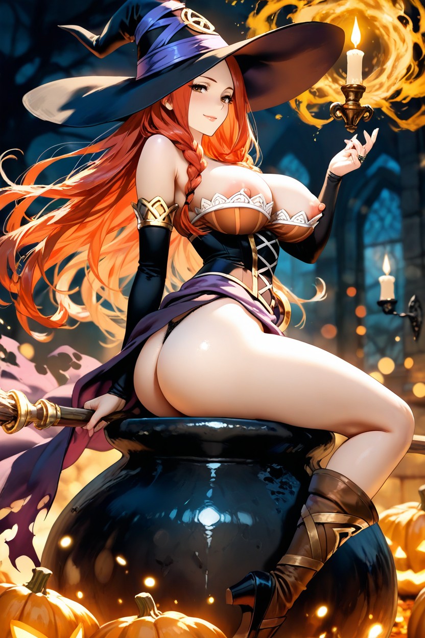 Exposed Ass With Visible Thong, Golden Spark Ring Forming, Long Flowing Red Hair Hentai AI Porn