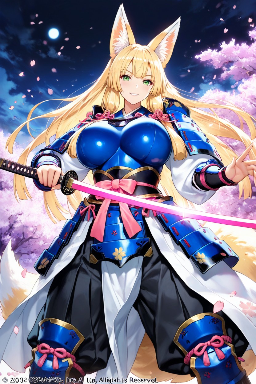Smiling Mouth Open, Long Blonde Hair, White Hair Ends Hentai AI Porn