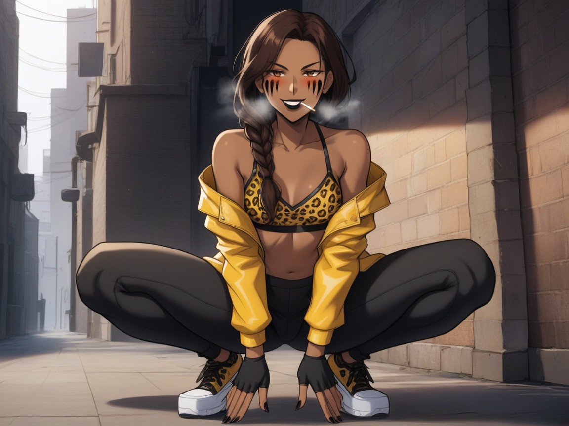 Squatting, Jacket, Ultra Detailed Latina AI Porn