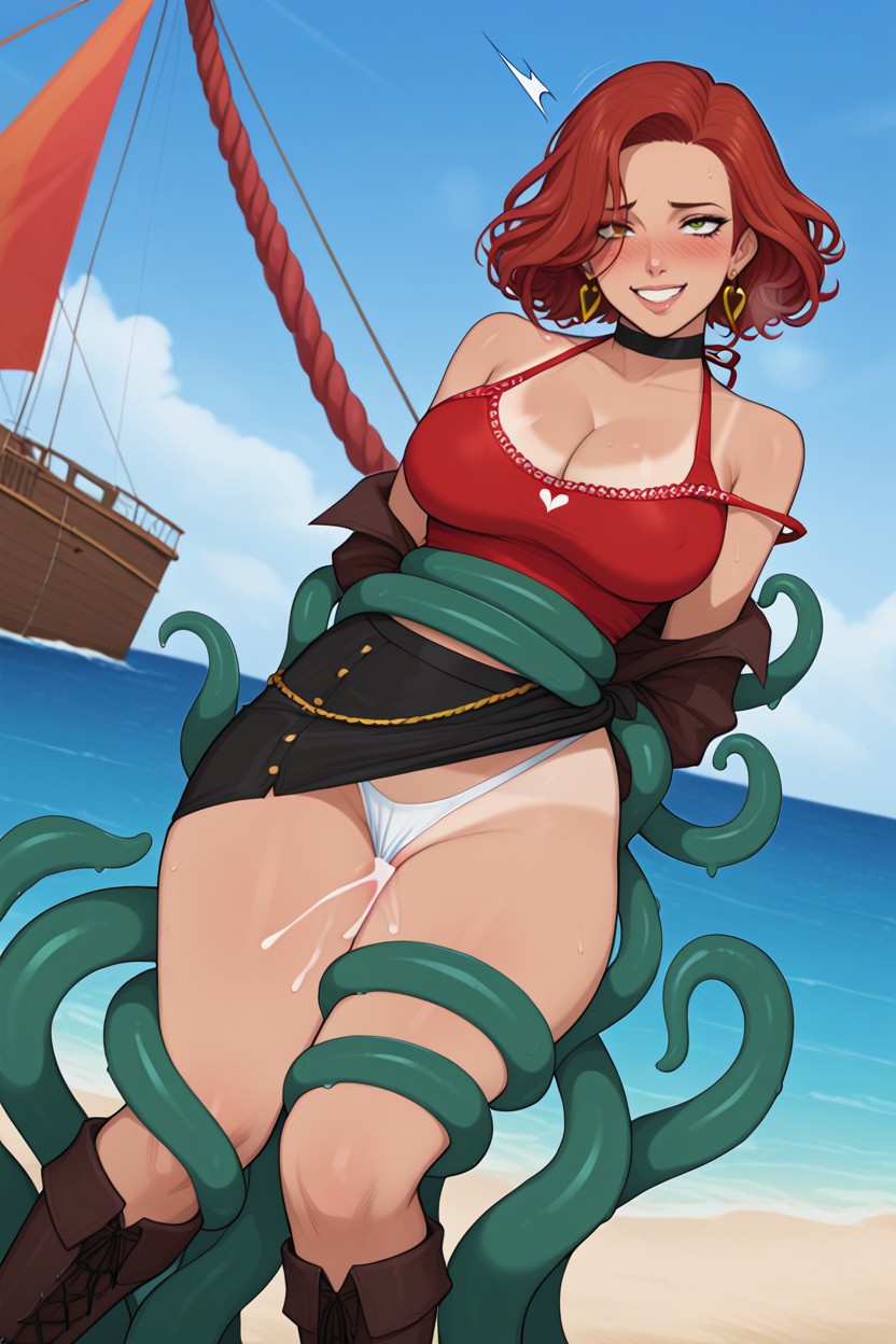 Octopus Tentacles Coiling Around Thighs, Black Skirt Pulled Down, Green Tentacles Hentai AI Porn
