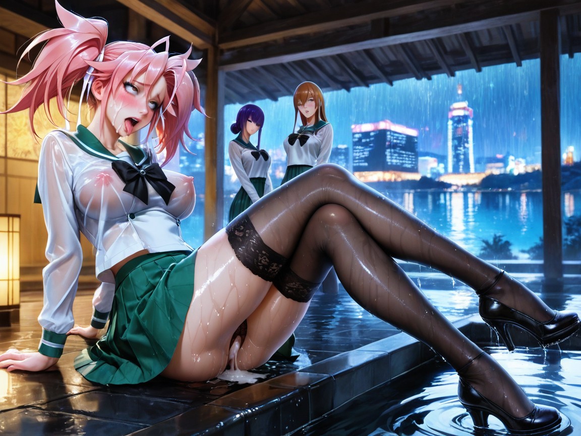 Foursome, Erect Nipples, Busujima Saeko Green Sailor Uniform With Long Sleeves Hentai AI Porn
