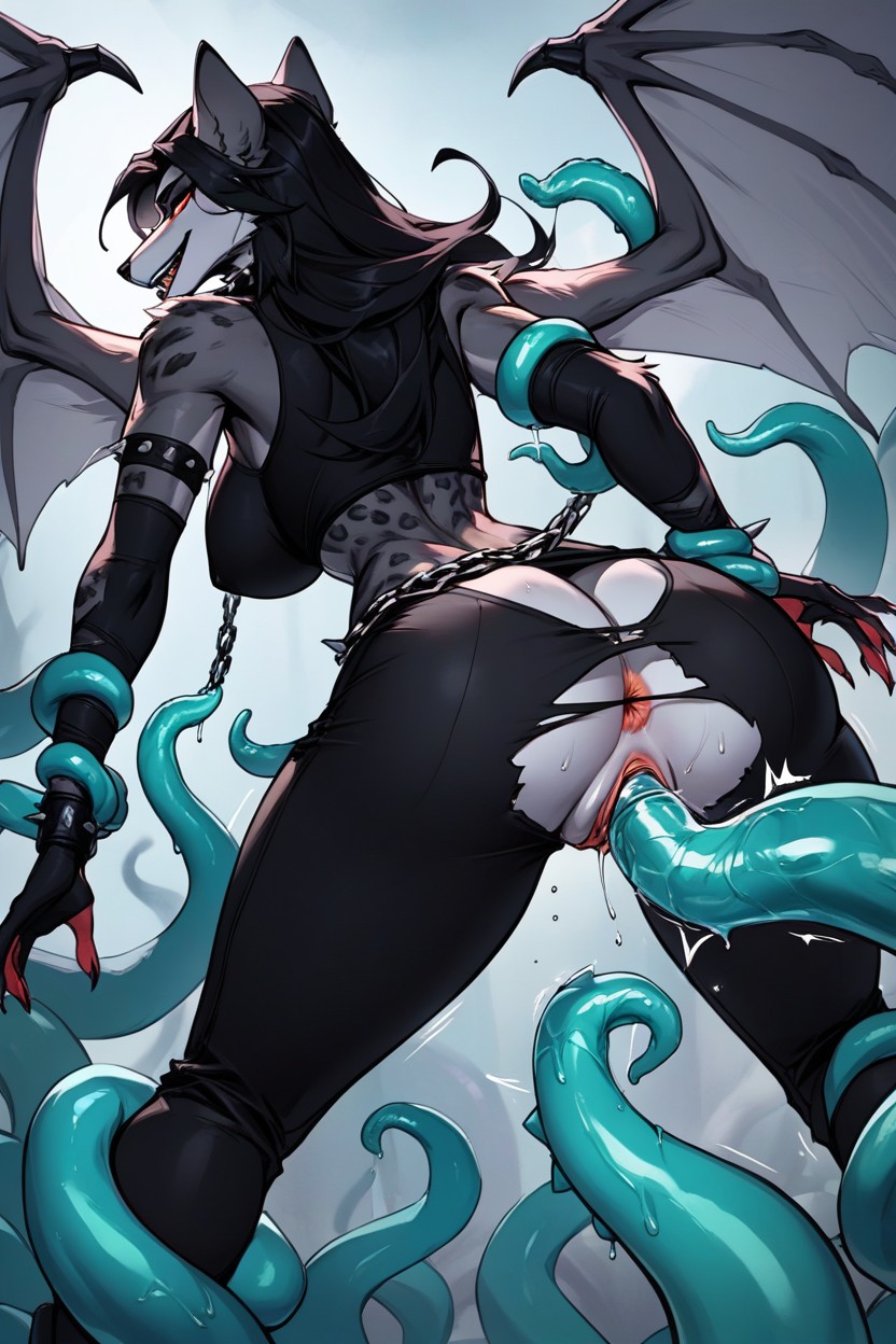 Tentacle Begins To Penetrate Asshole, Confident Face, Large Wings Furry AI Porn